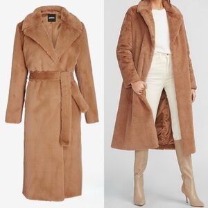 Express Tan Long Belted Faux Fur Teddy Coat XS